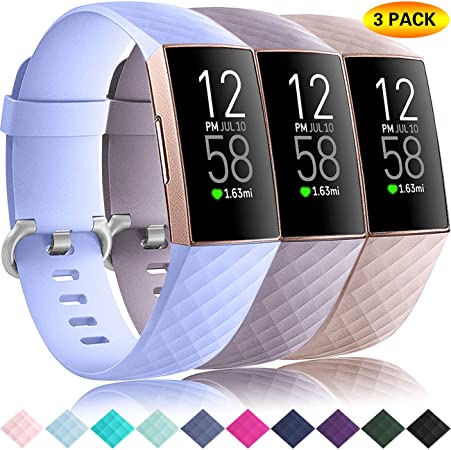Getino 3 Pack Bands Compatible with Fitbit Charge 4 Bands/Fitbit Charge 3 Bands/Charge 3 SE, Soft, Flexible and Washable TPU Sport Replacement Strap Wristbands for Women Men Small Pink/Lilac/Lavender