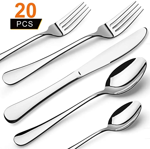 20 Piece Stainless Steel Silverware Set for 4, Cutlery Set Including Forks Spoons and Knives, Modern Flatware Set with Gift Packaging for Wedding Housewarming,Dishwasher Safe (Silver)