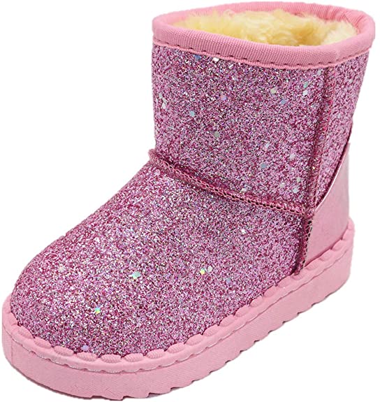 Elcssuy Girls Snow Boots,Toddler/Little Girls Warm Winter Sequin Comfy Cute Waterpoof Outdoor Glitter Princess Snow Boots