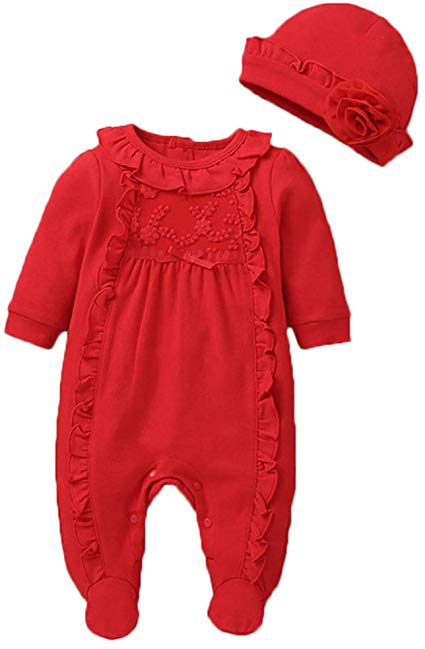 Infant Baby Girl Ruffled Cotton Footies Footed Overall Sleepwear with Hat Toddler Baby Footed Pajamas