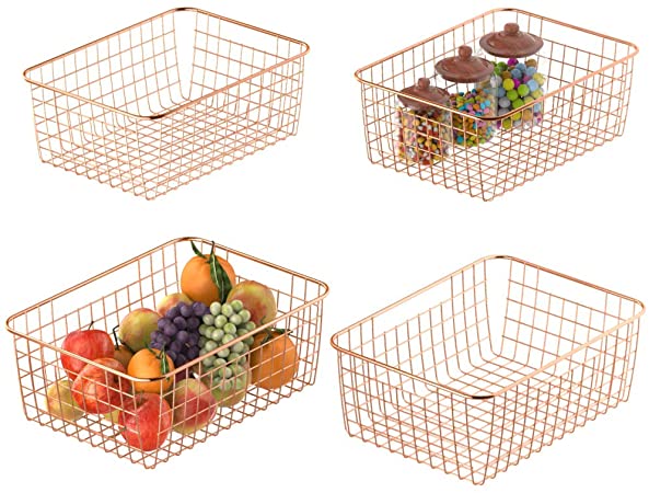 Wire Storage Basket, Packism Metal Household Storage Organizer Bin with Handles for Pantry, Shelf, Freezer, Kitchen Cabinet, Bathroom, 4 Pack, Rose Gold