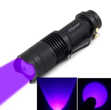 TFSeven Mini 395-410nm UV-Ultraviolet Led Blacklight Flashlight Zoom Torch with Scorpion Detector (Purple UV)