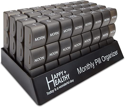 Month Pill Box Organizer - 32 Compartments | Morning-Noon-Night - 30 Day Pill Case with 32 Daily Compartments for Vitamins, Supplements, Medication - Travel Monthly Pill Organizer 3 Times-a-Day, Black