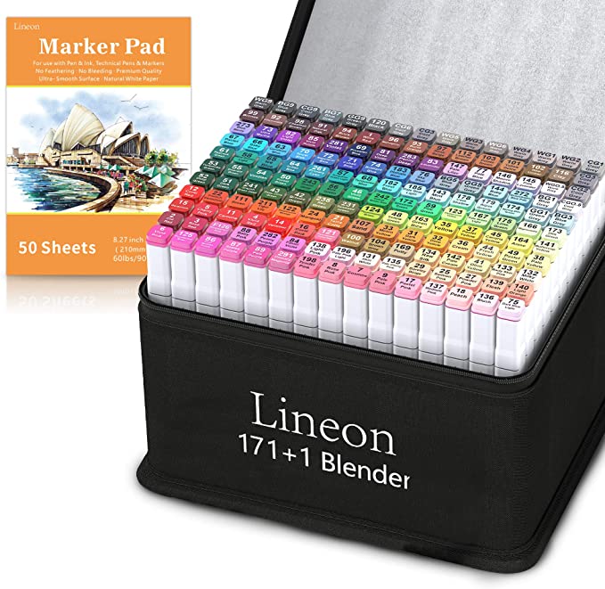 Lineon 172 Colors Alcohol Based Dual Tip Art Markers, 171 1 Blender Permanent Marker Pens Plus 1 Marker Pad 1 Case Perfect for Kids Adult Artist Coloring Books Drawing Sketching and Card Making