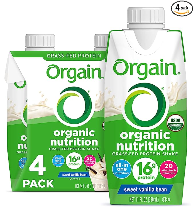 Orgain Organic Nutritional Shake, Vanilla Bean - Meal Replacement, 16g Grass Fed Whey Protein, 20 Vitamins & Minerals, Gluten Free, Soy Free, Kosher, Non-GMO, Packaging May Vary, 11 Fl Oz (Pack of 4)