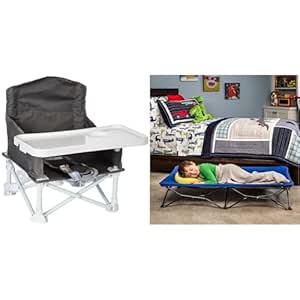 Regalo My Chair 2-in-1 Portable Travel Booster Seat My Cot Portable Toddler Bed, 48x24x9 Inch, Includes Fitted Sheet, Gray and Royal Blue