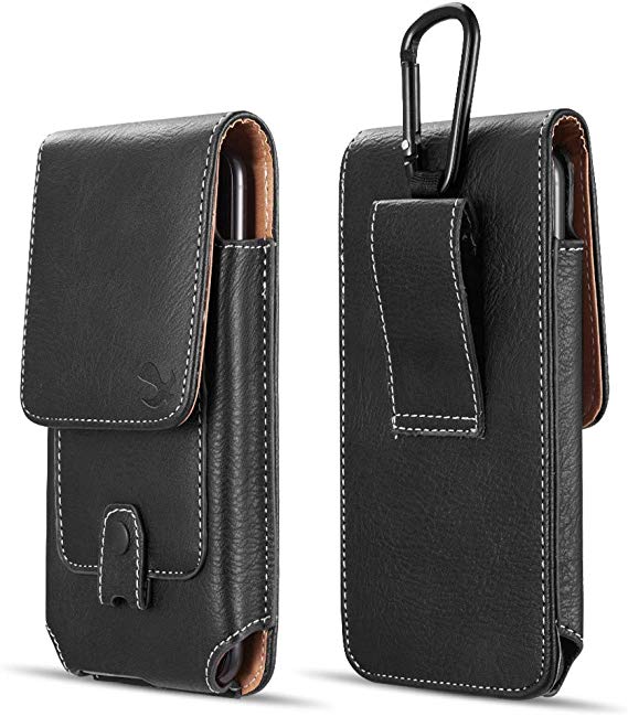 Leather Case Pouch Vertical with Credit Card Holder Belt Clip and Carabiner Black Compatible with OnePlus 7 Pro