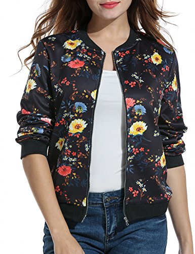 ACEVOG Womens Classic Zipper Floral Printed Jacket Short Bomber Jacket Coat