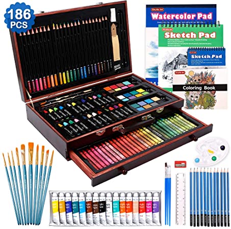 186 Piece Deluxe Art Set, Shuttle Art Art Supplies in Wooden Case, Painting Drawing Art Kit with Acrylic Paint Pencils Oil Pastels Watercolor Cakes Coloring Book Watercolor Sketch Pad for Kids Adults