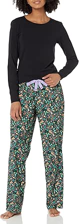 Amazon Essentials Women's Lightweight Flannel Pant and Long-Sleeve T-Shirt Sleep Set (Available in Plus Size)