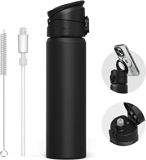 RHINOSHIELD AquaStand Magnetic Bottle 23 oz | Stainless Steel Insulated Water Bottle with Straw Lid, Sport Bottle with MagSafe Compatible Handle, Tripod with Adjustable Angles, Leak Proof - Black