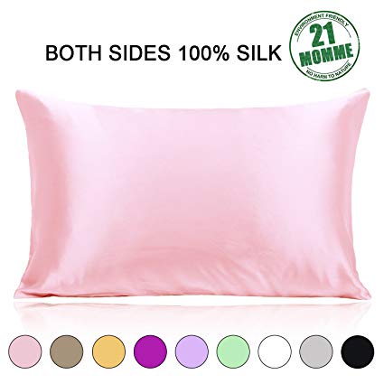 Standard Size 100% Silk Pillowcase for Hair and Skin Both Sides 21 Momme 600 Thread Count Hypoallergenic Mulberry Silk Pillow Case With Hidden Zipper, 1pcs, Pink
