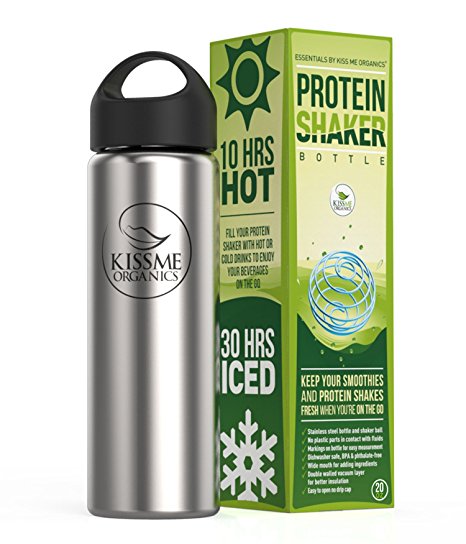 Protein Shaker Bottle - Stainless steel double walled shaker with stainless steel shaker ball available in 2 designs - 1 20-ounce shaker bottle and 1 shaker ball