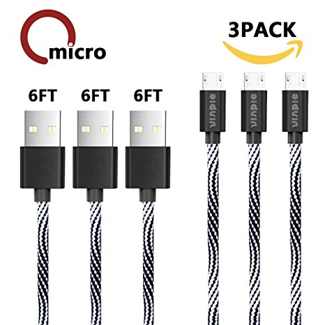 Vinpie Micro USB Cable,3Pack 6FT Long Nylon Braided High Speed 2.0 USB to Micro USB Charging Cables Android Charger Cord for Samsung Galaxy S7 Edge/S6 Edge/S4/S3,Note 5/4,HTC,LG,Nexus