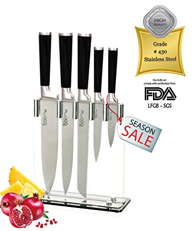 6 Piece Stainless Steel Black Handle Cutlery Kitchen Gadgets Appliances Knife Block Set - 8" Chef, 8" Bread, 8" Carving, 4½" Utility, 3½" Paring, Knives, & Stand - Best world Class Dinner Gift.