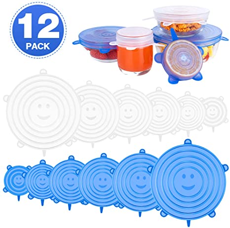Emmabin Silicone Stretch Lids 12 Pcs, BPA Free Stretch Lids and Reusable Lids, Various Sizes of Stretch and Seal Lids Flexible to Fit All Shape of Containers, Microwave and Dishwasher Safe