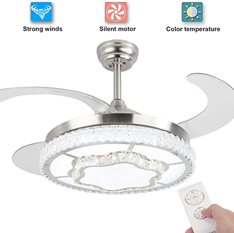 Crystal Ceiling Fan with Light and Remote LED Retractable Ceiling Fan 3 Light Change Silent Fan Chandelier 36W 42 Inch (Silver)