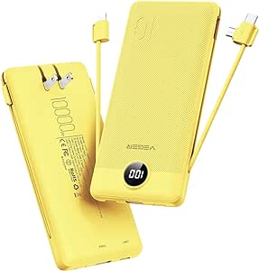 VEGER Portable Charger for iPhone with Built in Cables and Wall Plug, 10000mah Slim Fast Charging USB C Power Bank, Travel Essential Battery Pack Compatible with iPhone, iPad, Samsung etc(Yellow)