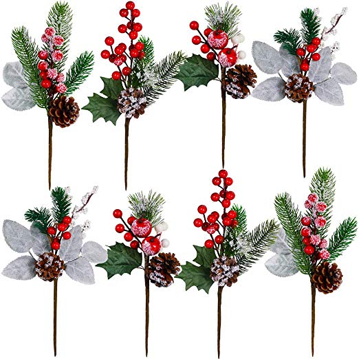 8 Pack Artificial Snowy Christmas Picks Assortment Faux Red Berry and Pine Spray Floral Stems with Pinecones Apples Spruce Holly Leaves for Holiday Floral Arrangement Centerpiece Winter Season Décor