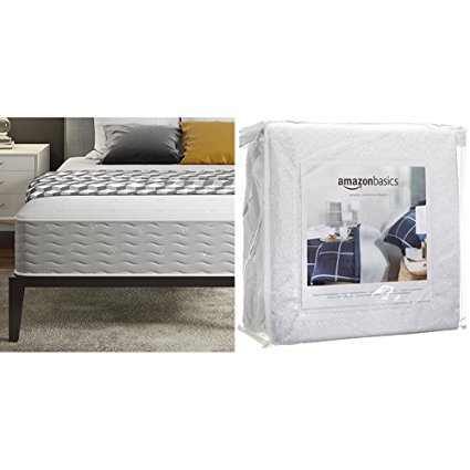 Signature Sleep Contour 10 Inch Reversible Independently Encased Coil Mattress with CertiPUR-US certified foam, Queen with AmazonBasics Hypoallergenic Vinyl-Free Waterproof Mattress Protector, Queen