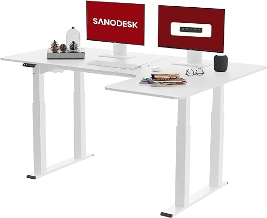 SANODESK Höhenverstellbarer Schreibtisch (160x110 cm) - L-förmiger Schreibtisch höhenverstellbar mit Dual Motor, Memory-Steuerung (Weiß)