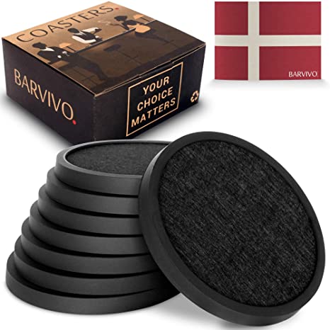 BARVIVO Coasters for Drinks Set of 8 - Black Modern Silicone Drink Coasters with Absorbent Removable Felt Pad - Tabletop Protection for Any Table Type, Wood, Sandstone, Stone, Granite or Glass Tables