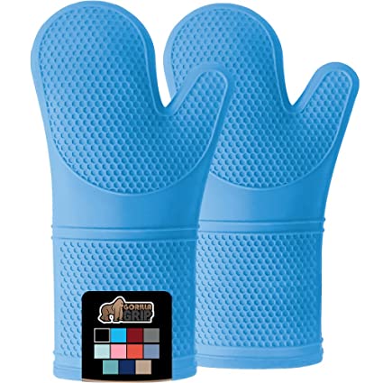 Gorilla Grip Heat and Slip Resistant Silicone Oven Mitts Set, 14.5 in, Soft Cotton Lining, Waterproof, BPA-Free, Extra Long Thick Gloves for Cooking, BBQ, Kitchen Mitt Potholders, Sets of 2, Aqua