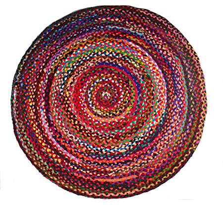 MystiqueDecors Round Area Rug Braided Multicolor Handwoven Reversible Cotton Chindi 5 ft Diameter Living Room Dining Room 5'