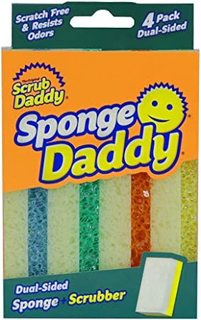 Scrub Daddy Sponge Daddy - Dual Sided Sponge & Scrubber, Traditional Shape, FlexTexture, Soft in Warm Water, Firm in Cold, Deep Cleaning, Dishwasher Safe, Multi-use, Scratch Free, Odor Resistant, 4ct