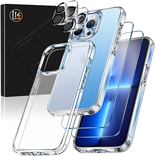 [5-in-1] LK for iPhone 13 Pro Case, 2 Pack Tempered Glass Screen Protector 2 Packs Lens Protector,Matte-Finish, All-Round Protection, Shockproof, Anti-Scratches Kit for iPhone 13 Pro case