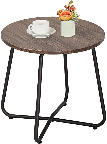 VECELO Industrial Round Side/End/Coffee/Snack Table, Storage Shelf Tray for Bedroom,Living Room,Outdoor,Brown