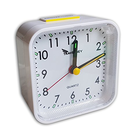 Travelwey Analog Clock, No Ticking, Alarm, Snooze, Light, Travel Lock, No Frills Simple Operation, White
