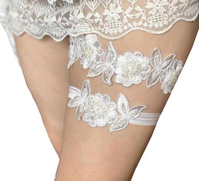 Lemandy Lace bridal garters set with pearls and sequins wedding garters band P14