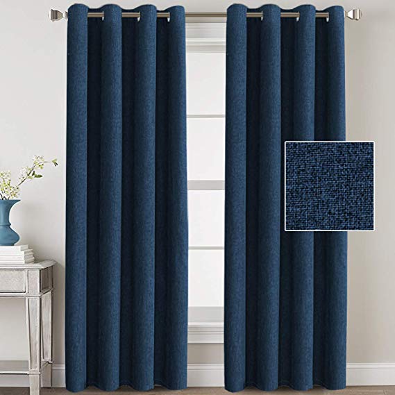 H.VERSAILTEX Linen Blackout Curtains 96 Inches Long Room Darkening Heavy Duty Burlap Efffect Textured Linen Curtains/Draperies/Drapes for Living Room Bedroom - Dark Blue (2 Panels)