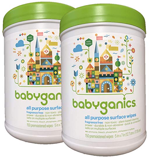 Babyganics All Purpose Surface Wipes, Fragrance Free, 300 Count (Contains Two 75-Count canisters)