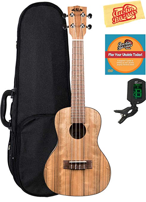 Kala KA-PWC Pacific Walnut Concert Ukulele Bundle with Hard Case, Tuner, Austin Bazaar Instructional DVD, and Polishing Cloth, Bundle w/ Hard Case, Concert