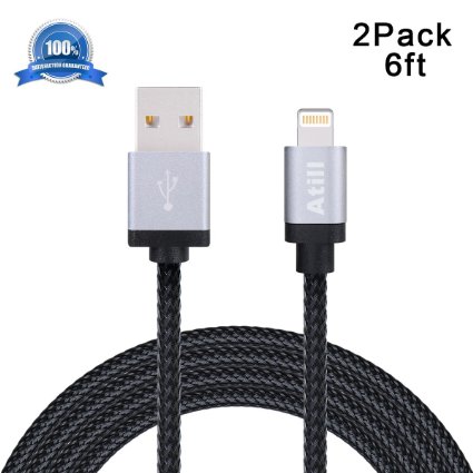 Atill 2 Pack 6ft Extra Long 8-Pin iPhone Nylon Braided USB Charging Cable Cord for iPhone SE/6/6s/6plus/6s plus/5/5s/5c,iPad Air/Mini,iPod Nano/Touch, Compatible with iOS9(Black)