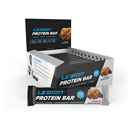 Legion Protein Bar Chocolate Peanut Butter 100% Whey and Pea Protein, Baked Bars with Prebiotic Fiber - High Protein (20g) Low Fat (6g) Low Sugar (4g) No Soy or Gluten - Natural Flavors (12 Count)