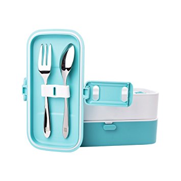 Lunch Box for Kids Adults,2 Layers Leak-Proof Microwave Safe FDA-Approved Meal Prep Plastic Food Storage Containers with Silverware Set,All-in-One Bento Box (Blue)