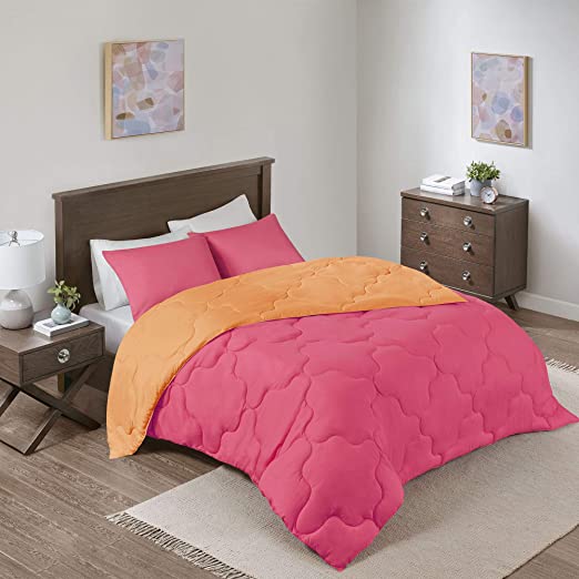 Comfort Spaces Vixie Reversible Comforter Set - Trendy Casual Geometric Quilted Cover, All Season Down Alternative Cozy Bedding, Matching Sham, Pink/Orange, Full/Queen 3 Piece