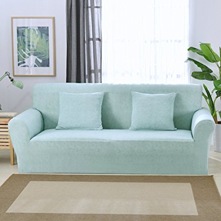 1 2 3 4 Seater Sofa Cover All-Season Linen Pattern Stretch Sofa Slipcover Anti-skid Elastic Polyester Couch Cover Protector size 2 Seater:145-185cm (Light Blue)