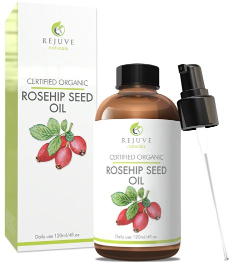 Certified Organic Rosehip Seed Oil, Pure & Cold Pressed by RejuveNaturals, 4 oz | Anti Aging, Antioxidant Rich Skin Moisturizer for Improving the Look of Face Wrinkles, Scars, Acne & Stretch Marks