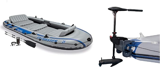 Intex Heavy Duty Inflatable 5 Person Fishing Boat Set with 2 Oars, Carry Bag, and Eight Speed Trolling Motor for Outdoor Fishing and Boating, Gray