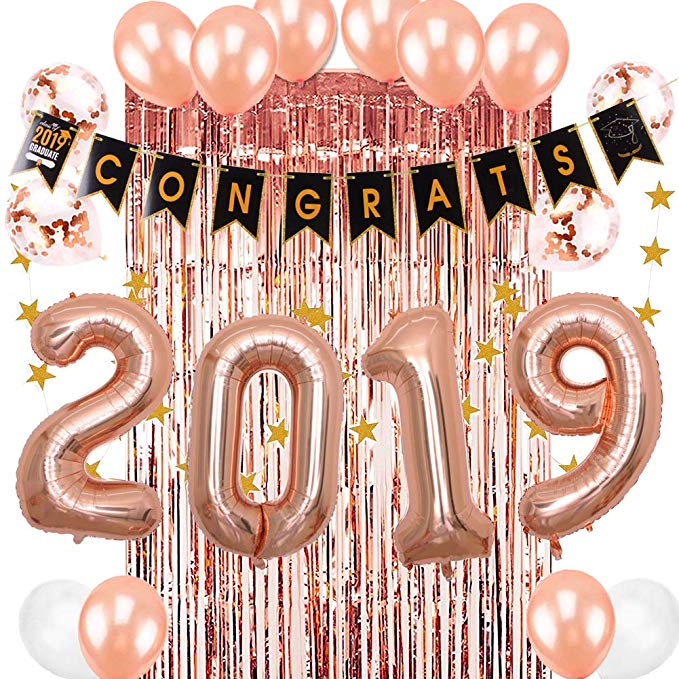 2019 Graduation Party Decoration Fringe Tinsel Curtain Congrats Banner Class of 2019 Foil Balloons High School Prom College Party Supplies Rose Gold SUNBEAUTY
