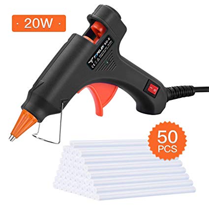 Hot Glue Gun, TOPELEK 20W Mini Hot Melt Glue Gun with Glue Sticks (100mm, 50pcs), Brass Nozzle and Robust Bracket for DIY Arts and Small Repairing Jobs, Black