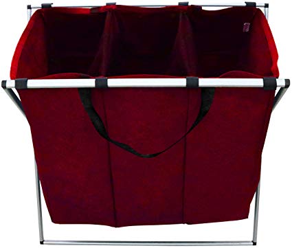 Berry Ave Tri-Part Laundry Basket Hamper (Dark, Light, Color) – Tall Tri-Part Bin Dirty Clothes Organizer for Kids, Adults – Home and College Use – Smart Rolling Design - Red