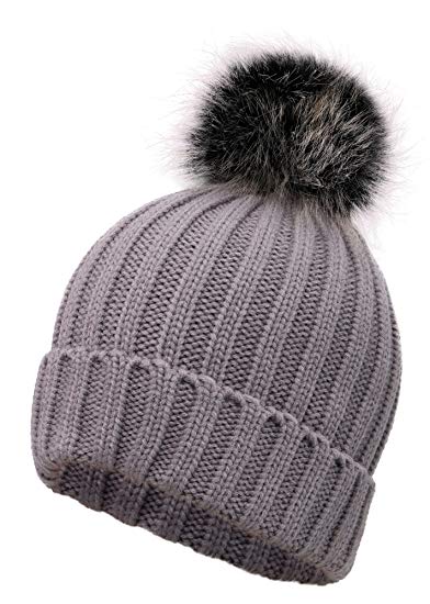 ARCTIC Paw Womens Super Soft Warm Chunky Cable Faux Fur Pompom Knit Beanie Hat
