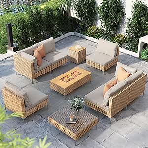 Grand patio 9-Piece Patio Furniture Set with 47" Fire Pit Table, Outdoor Conversation Set & 50,000 BTU 47 Inch Rectangle Propane Fire Pit & Storage Box with Water Resistant Thick Cushions, Beige