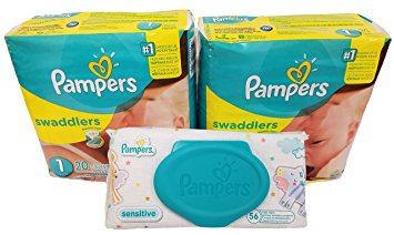Pampers Swaddlers Diapers, Size 1, 20 Count Pack of 2 (Total of 40 Pampers) - Pampers Sensitive Wipes Travel Pack 56 Count.