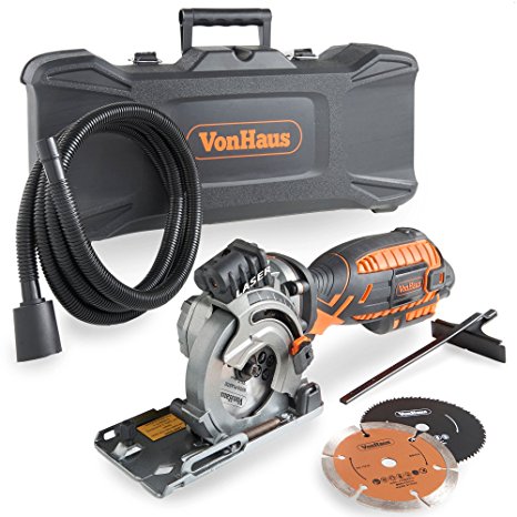 VonHaus Ultra-Compact Circular Saw 5.8 Amp with Laser Indicator   Plunge Function   3 Blade kit   with carry case   Extra Long Power Cable   Extra long Extraction Hose   Edge Guide